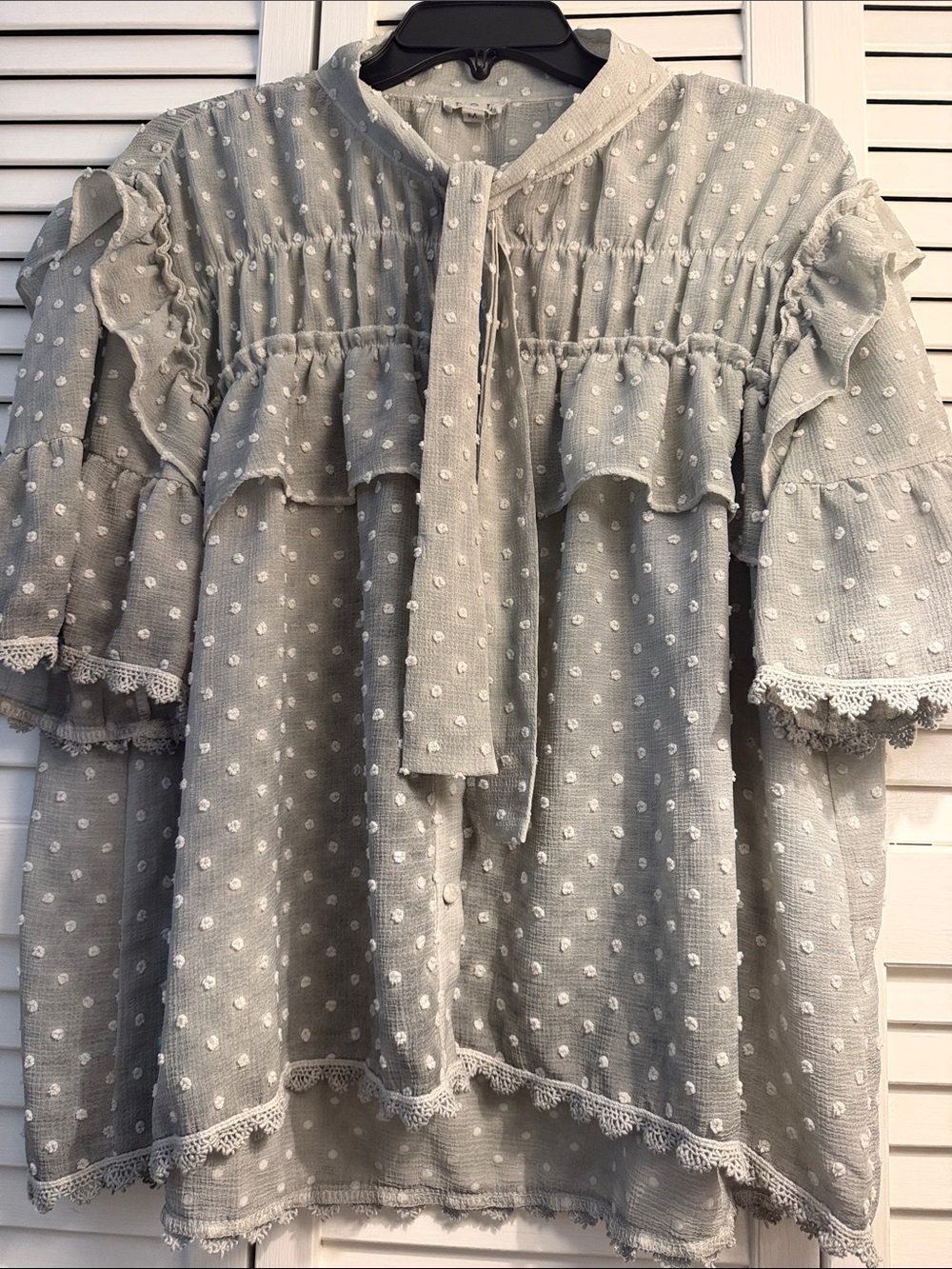 POL Light bluish Gray Swiss Dot Ruffle Tie-Neck Blouse